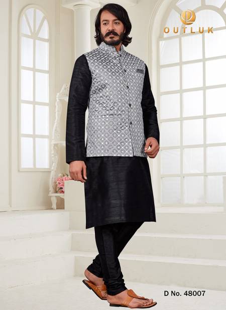 Black New Latest Party Wear Kurta Pajama With Jacket Mens Collection 48007